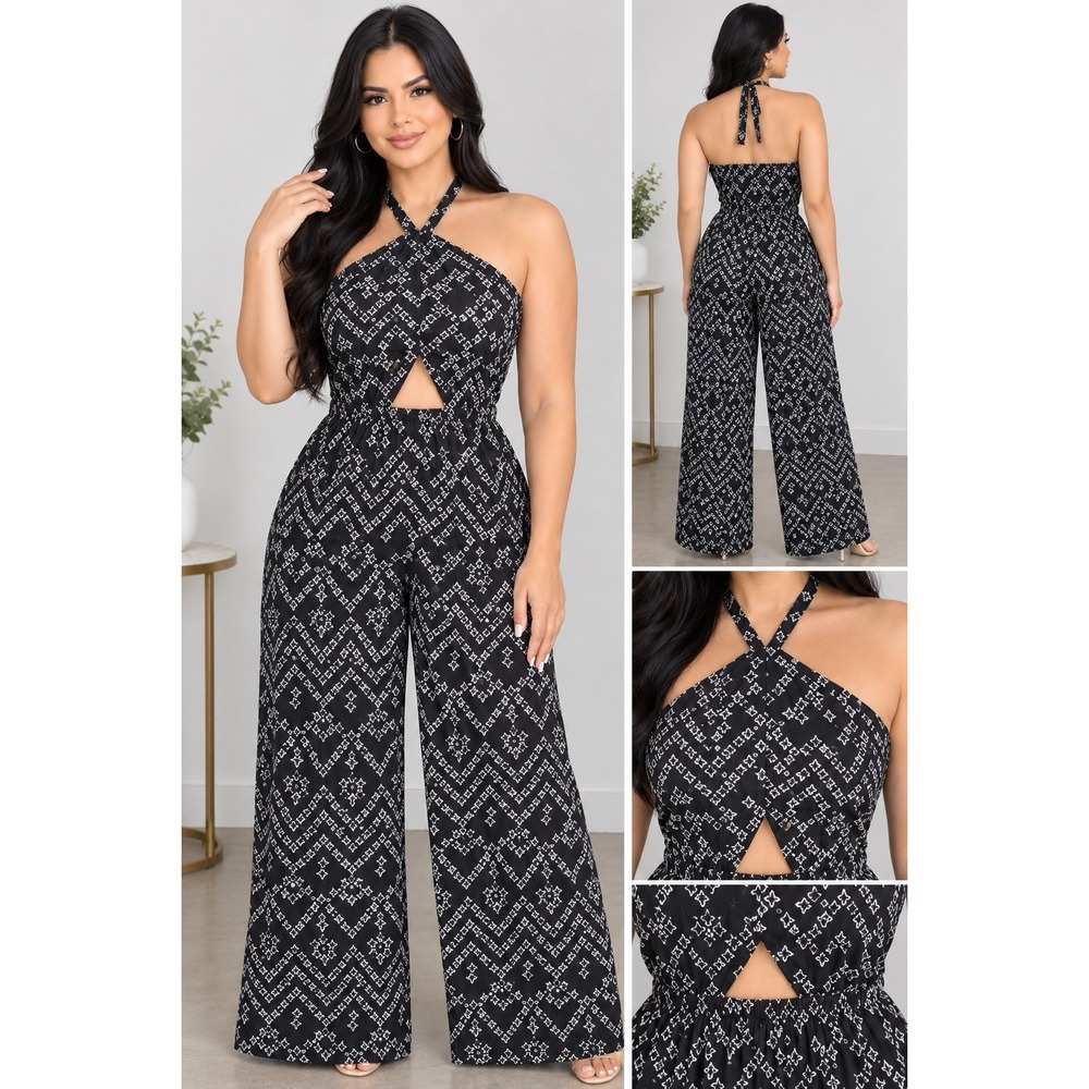 Forever 21 Womens M Jumpsuit Black White Geometric Halter Neck Cut Out Wide Leg